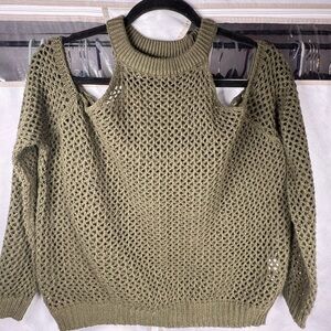 Millau Off Shoulder Open Knit Sweater Olive Green Size M
